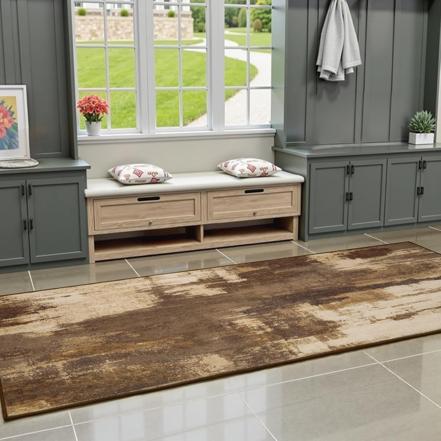 Washable Runner Rug, 2'6''x8' Kitchen Rugs Brown Long Runner Rugs with Rubber Backing, Abstract Non-Slip Carpet Runners for Hallways, Kitchen, Bedroom, Laundry, Entrance