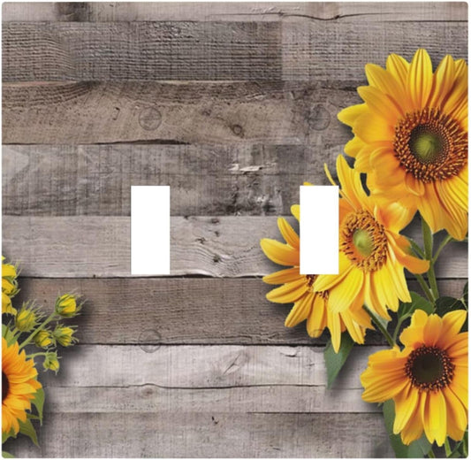 Sunflower Rustic Brown Gray Wood Decorative Switch Plates 2 Gang Double Toggle Outlet Light Switch Cover Wall Plate Electrical Faceplate for Farmhouse Home Decor