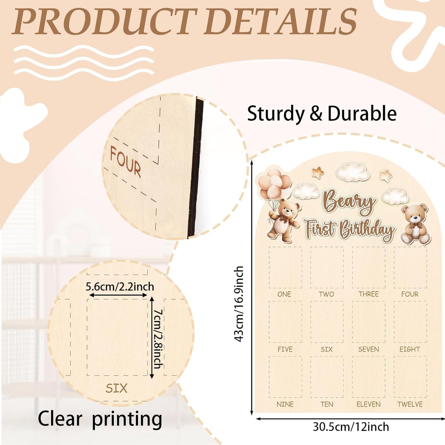 Beary First Birthday Photo Board Cute Bear Birthday Party Wooden Board Decorations 12 Monthly Milestone Picture Frame One Year Old Wood Sign 1st Birth Day Photo Banner for Baby Keepsake Gift Supplies