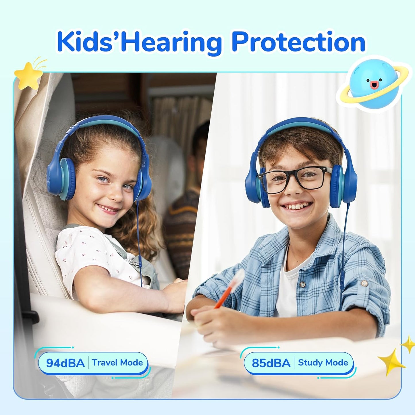 EarFun K3 Kids Headphones, Over Ear Headphones with Microphones, 85/94dB Safe Volume Limit, HD Stereo Sound, 3.5mm Jack, Foldable Wired Headphones for School/Travel/Boys/Girls/Tablet/iPad, Blue