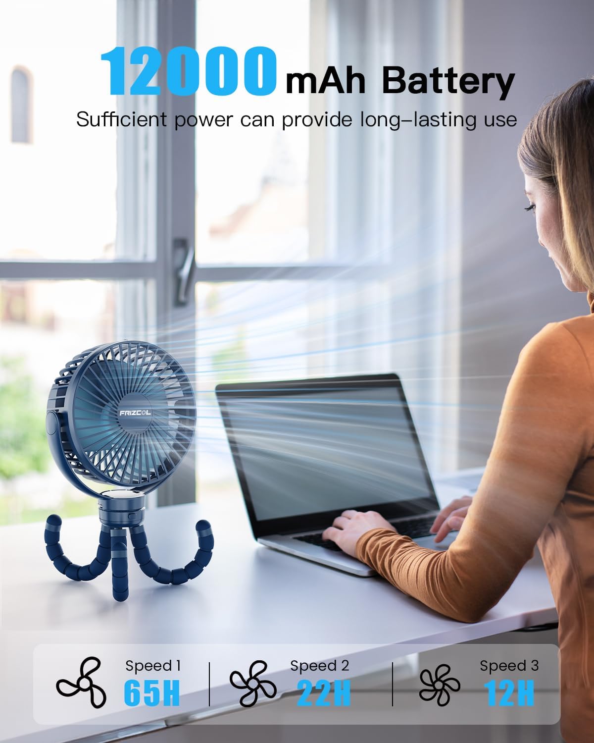 FRIZCOL 12000mAh Portable Stroller Fan, Use As Power Bank, 65H Battery Operated Fan Flexible Tripod Clip On Fans, Detachable Personal Handheld Baby Fans for Stroller, Car seat, Desk, Treadmill (Blue)