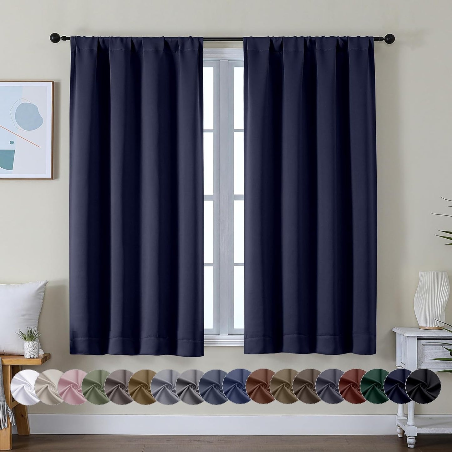 Simplebrand Ava Navy Blue Short Blackout Curtains for Bedroom 54 Inches Long 2 Panels Set, Solid Thermal Insulated, Energy Saving Window Treatment Curtains Blackout Drapes, W40 x L54 Inch, Navy Blue