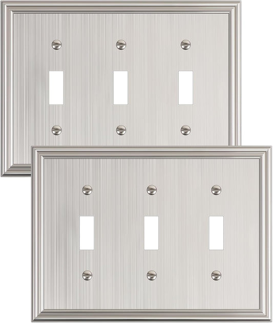2-Pack Triple Toggle Light Switch Cover Plate, Durable Solid Zinc Alloy Decorative Switch Plate Covers, Brushed Nickel 3 Gang Wall Plate, Corrosion Resistant