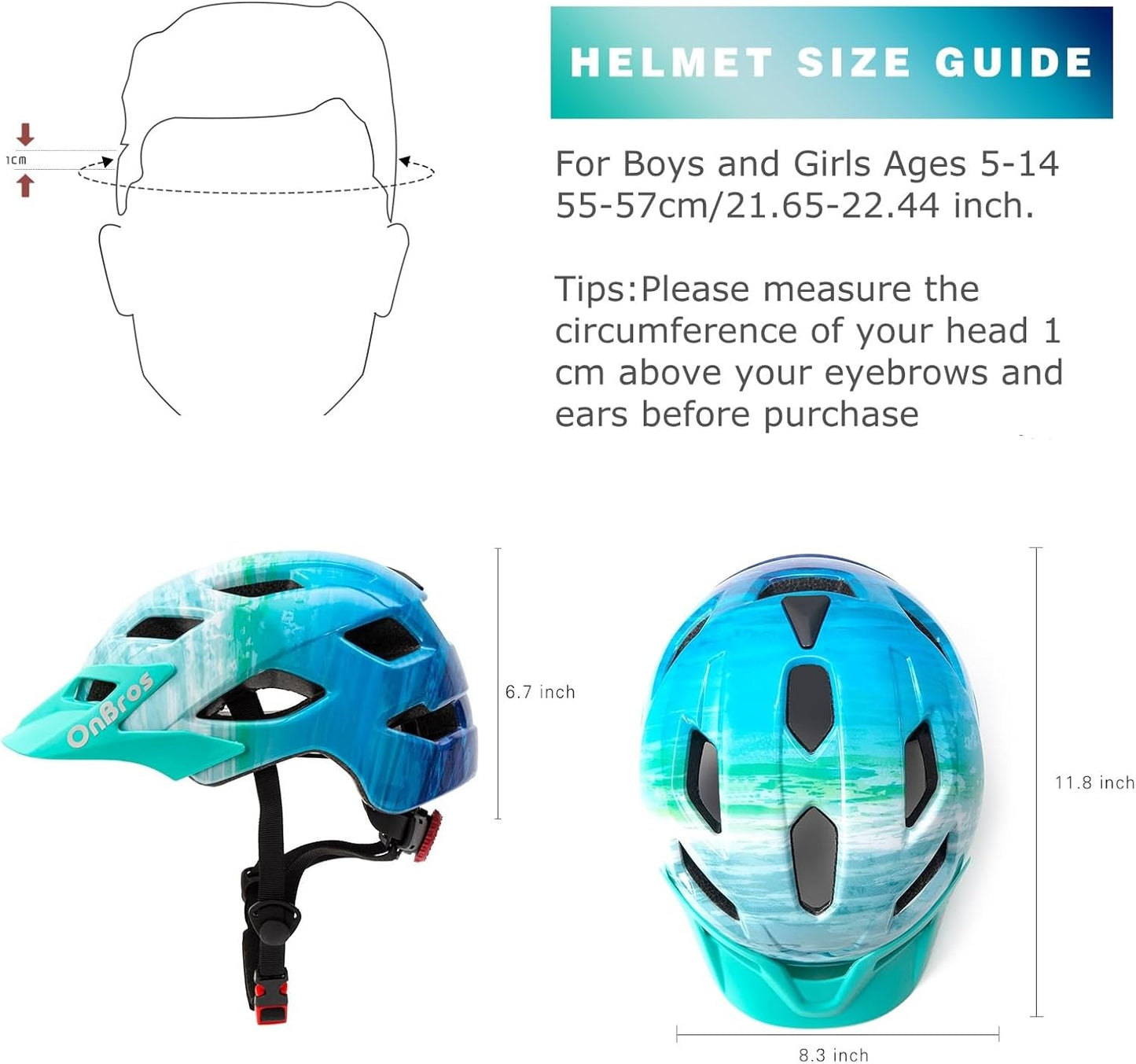 OnBros Kids Bike Helmet - Bike Helmets for 5-14 Boys or Girls with Visor, Children Bicycle Helmet for Skateboard Mountain Scooter Road Cycling, Lightweight and Adjustable 50-57CM