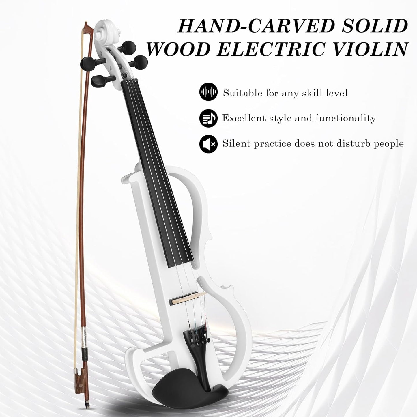 Ktaxon Full Size Electric Violin, 4/4 Acoustic Silent Electric Violin for Beginner Adults Teens with Ebony Fittings, Case, Bow, Headphone, Rosin and Extra String (White)