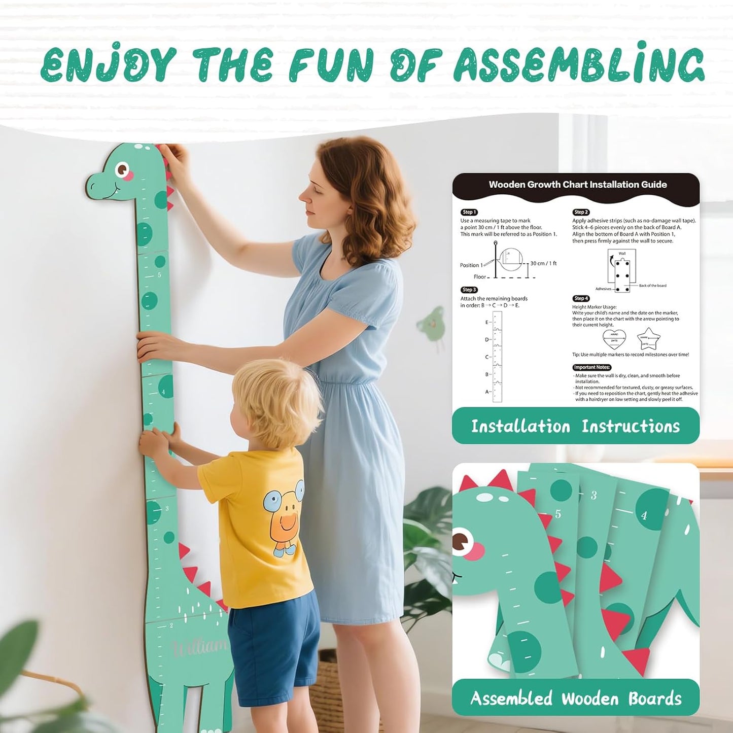 Wooden Dinosaur Height Chart – Personalized Name Growth Chart for Kids, Wall Decor 63" x 17.4"