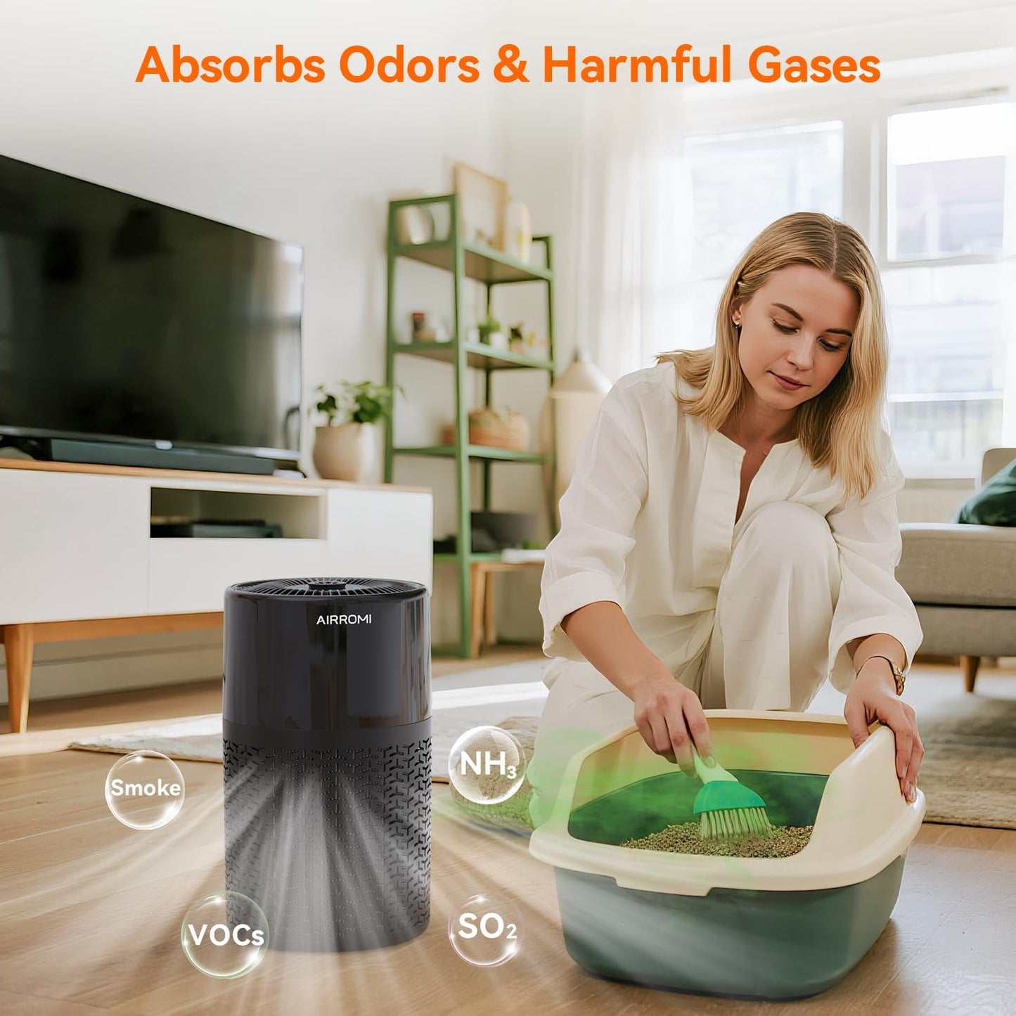 AIRROMI Pets Air Purifier for Home Allergies,Up to 660 ft².Yellow Deodorizing Activated Carbon Filter,With Fragrance Sponge for Better Sleep,Night Light,Pet Dander,Smoke,Odors,Air Cleaner A2002 Black