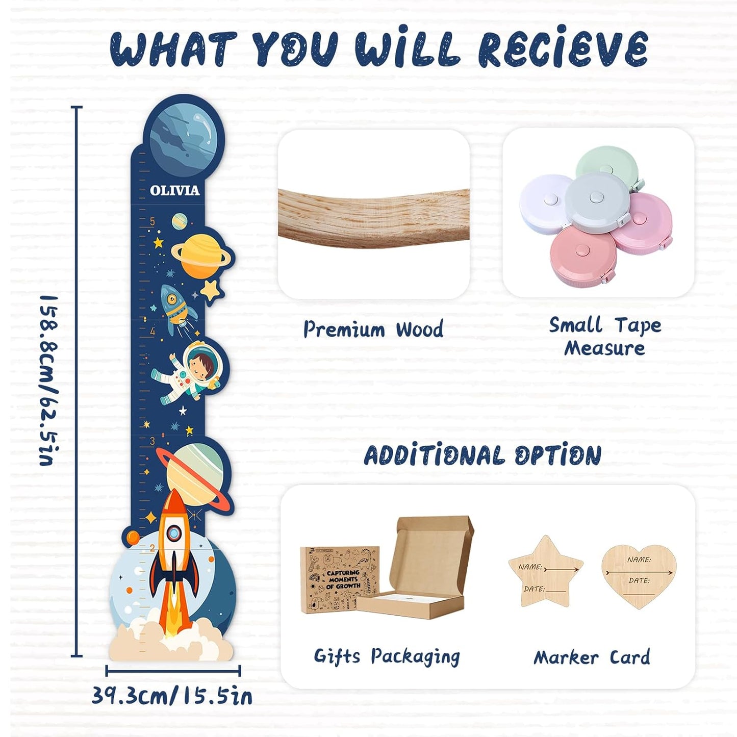 Personalized Name Wooden Growth Chart Wall Decor – Kids' Space Height Measurement Chart for Baby, Boys & Girls Room 62.5" x 15.5"