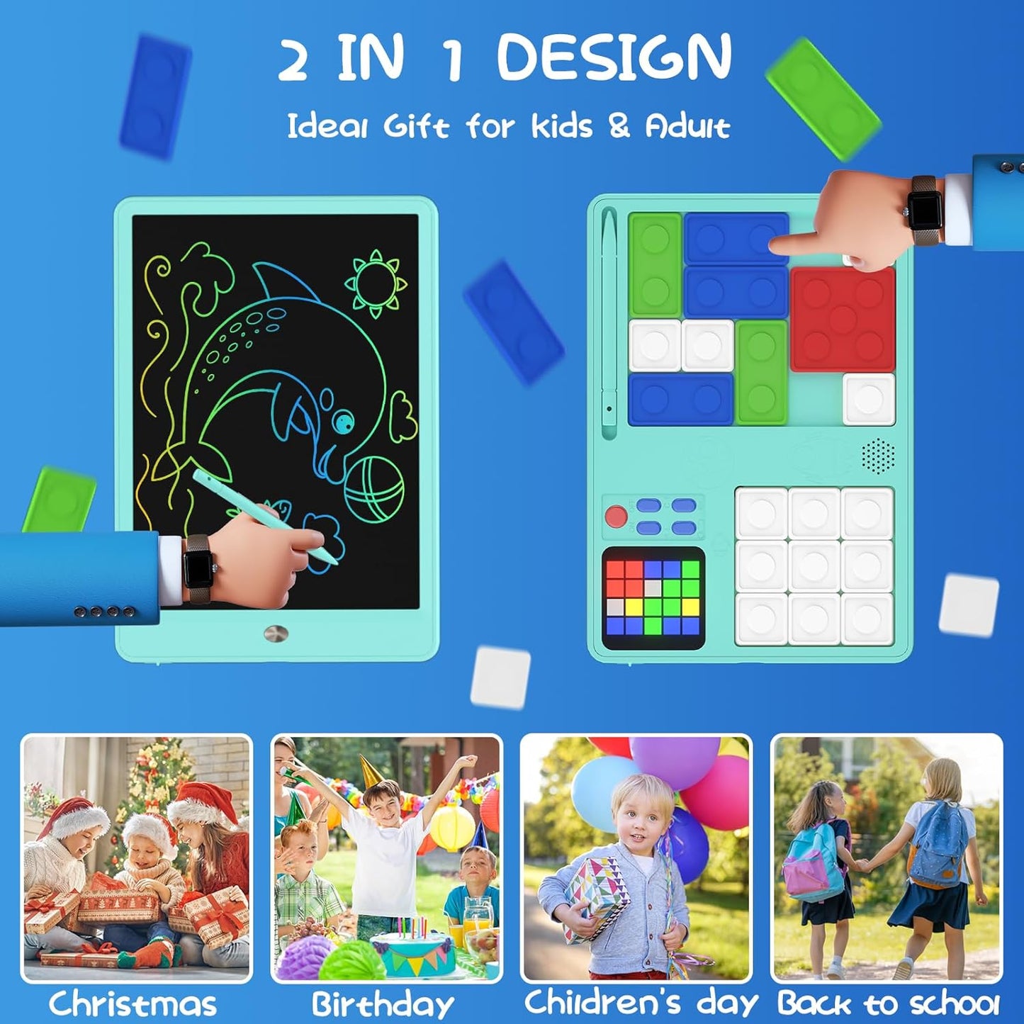 Slider Puzzle Games & LCD Writing Tablet 2 IN 1 Travel Games,530 Challenges Brain Teaser Toys for Kids,Drawing Pad Gifts for Boys Girls(Blue)