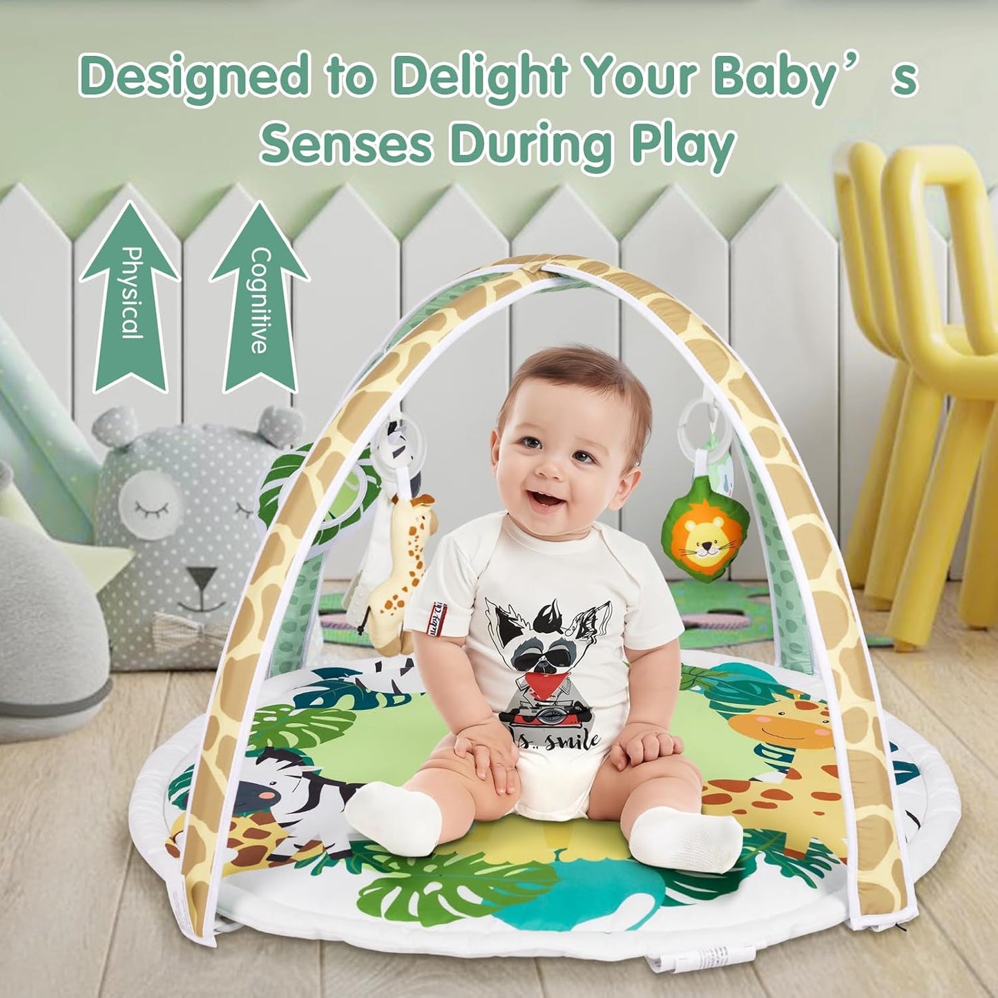 Activity Gym, Baby Play Gym Mat for Toddlers, 0-18 Months Tummy Time Play Mats, Infant Play Gym with Detachable Toys for Sensory Exploration and Motor Skill Development, PM2408