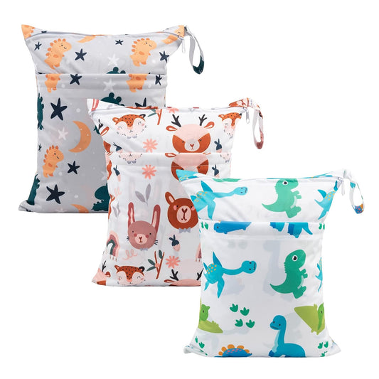 babygoal Wet Dry Bags for Baby Cloth Diapers, Washable Travel Bags, Beach, Pool, Gym Bag for Swimsuits & Wet Clothes with Two Zippered Pockets 3 Pack, 3LN23