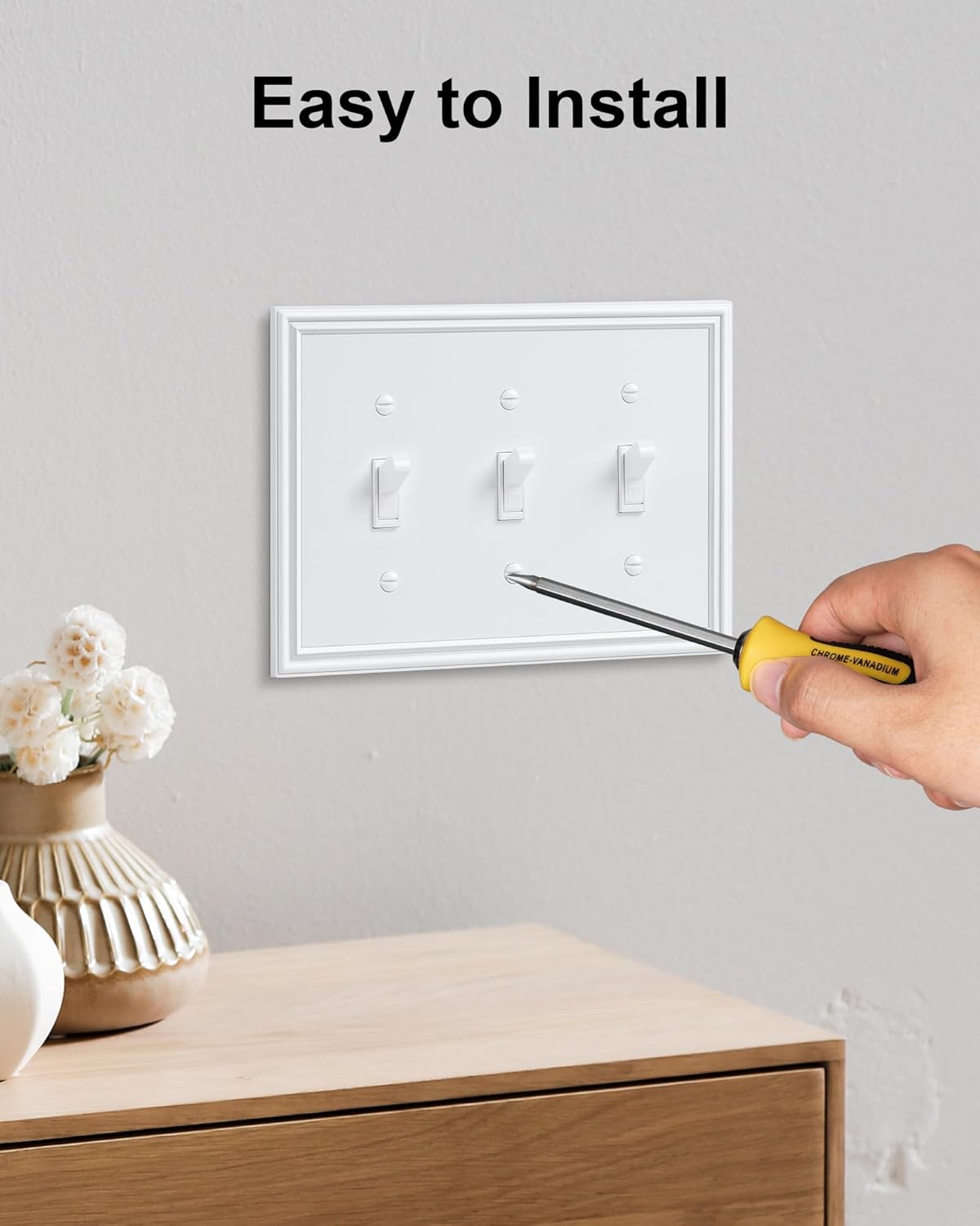 2-Pack Triple Toggle Light Switch Cover Plate, Durable Solid Zinc Alloy Decorative Switch Plate Covers, Pure White 3 Gang Wall Plate, Corrosion Resistant