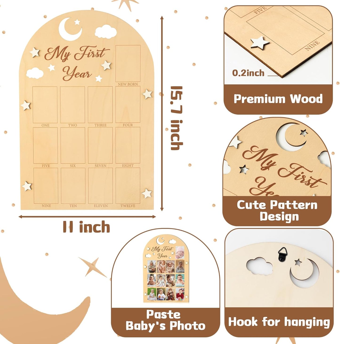 R HORSE My First Year Photo Frame Board - 3D Star Baby First Year Picture Frame 12 Months Milestone Photo Display Wood Board Baby Keepsake 1st Birthday Nursery Decor Gift for Boy Girl