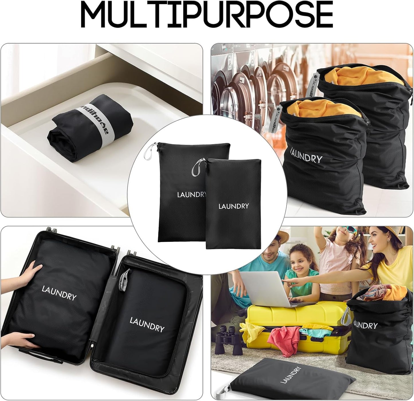 Travel Laundry Bag (2 Pcs - Large + Small) - Foldable Waterproof Washable Wet Dry Bag for Gym, Swimming, Yoga, and Workout Perfect for Dirty Clothes, Bathing Suits, Travel Accessories Black