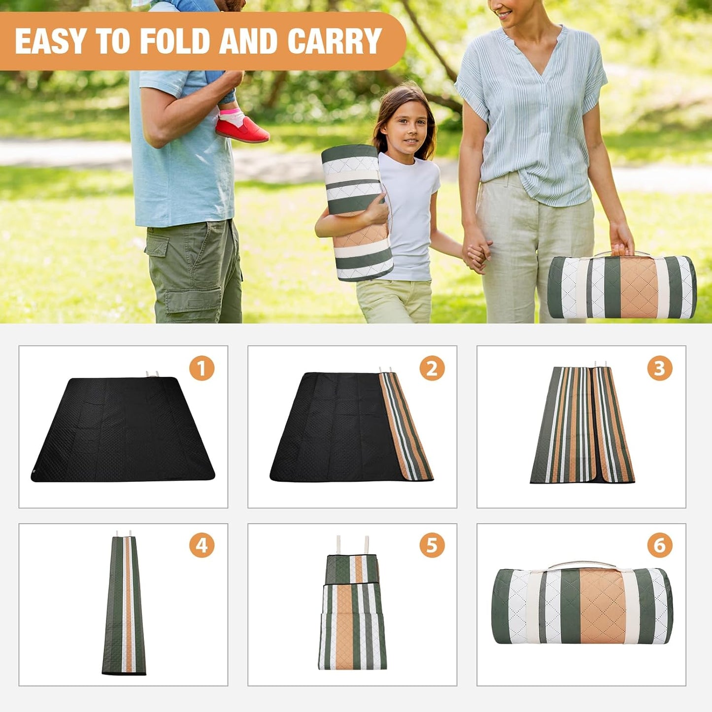 Picnic Blankets Outdoor Extra Large - 80"x80" Waterproof Beach Blanket, Machine Washable 3-Layer Foldable Park Mat with Sandproof Backing for Grass, Hiking, Travel, Concerts, Indoor (Orange)