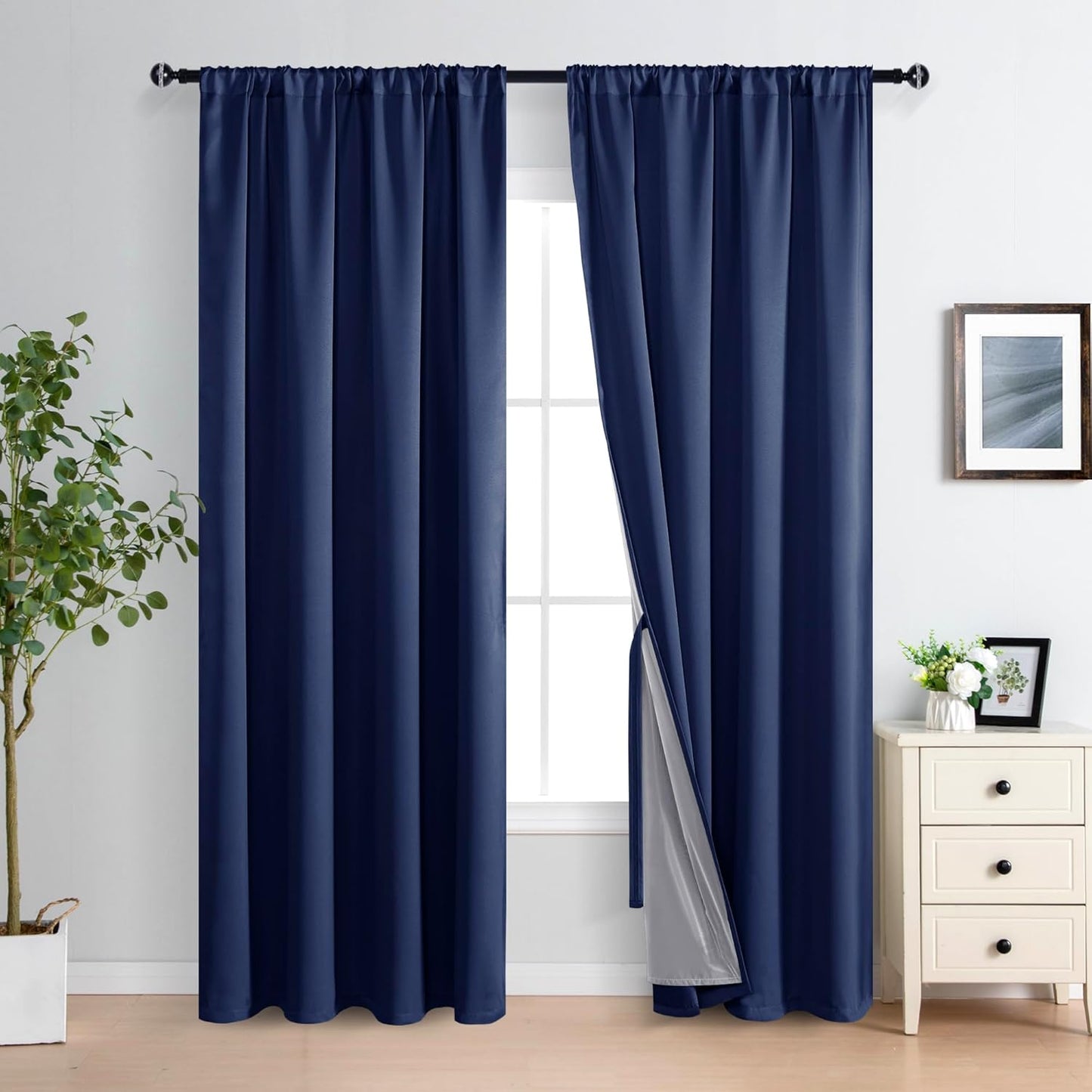 XWZO Full Shading Blackout Curtains 84 Inches Long with Tiebacks- Heat and Light Blocking Rod Pocket Window Drapes with Black Liner Backing for Bedroom/Kid's Room, Navy Blue, W52 x L84, Set of 2