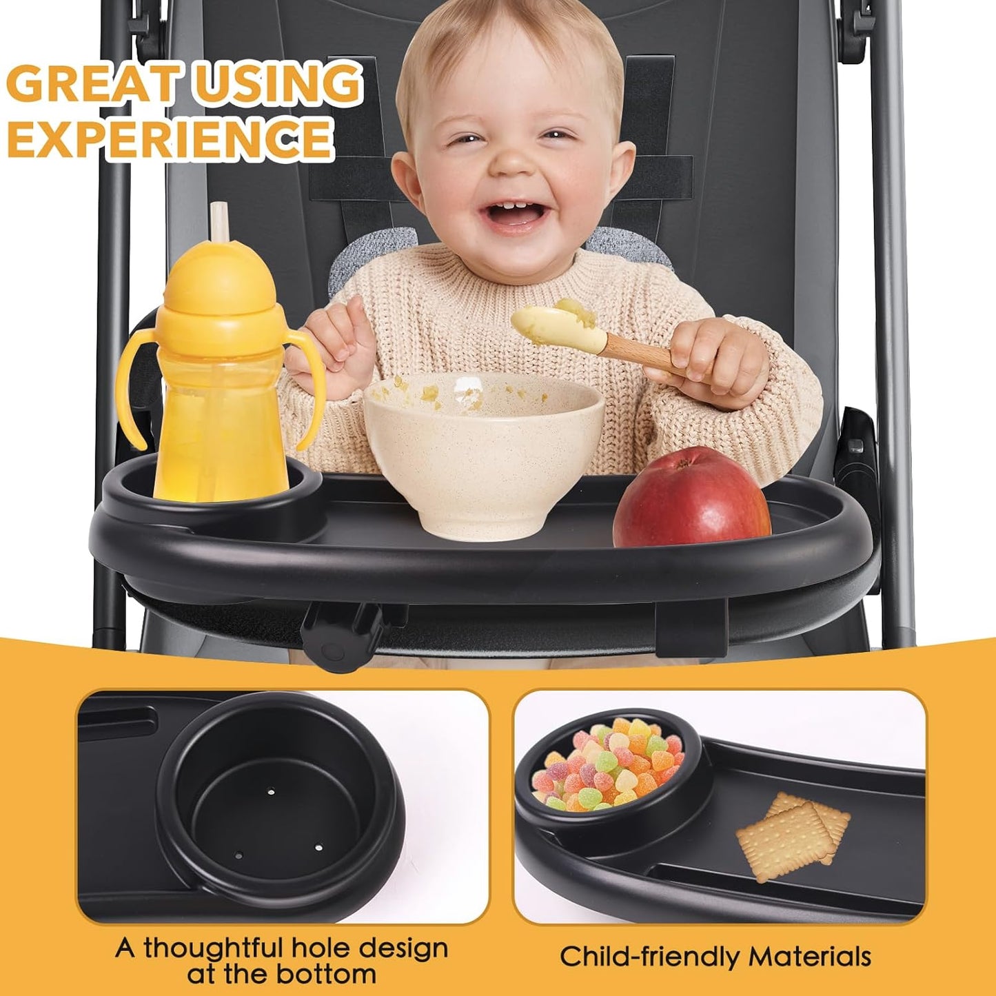 Snack Tray Compatible with Mockingbird,Nuna,Evenflo Stroller,Adjustable Stroller Snack Tray with Cup Holder and Phone Holder, Stroller Accessories Black