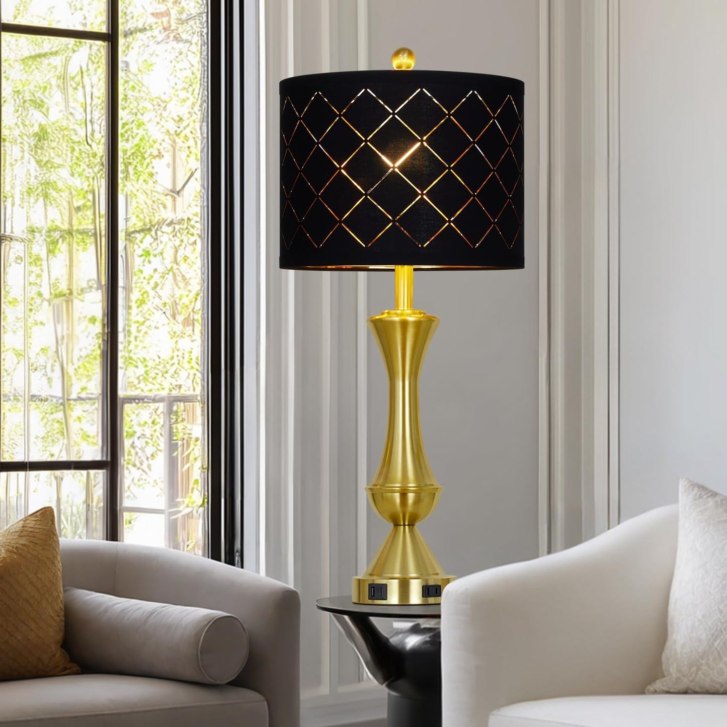 29" Gold Modern Table Lamps Set of 2, 3-Way Dimmable Touch Lamps for Nightstand with USB A+C & Outlets,Brass Lamps for Living Room, Bedroom, Nightstand, Entryway(2 Bulbs Included)