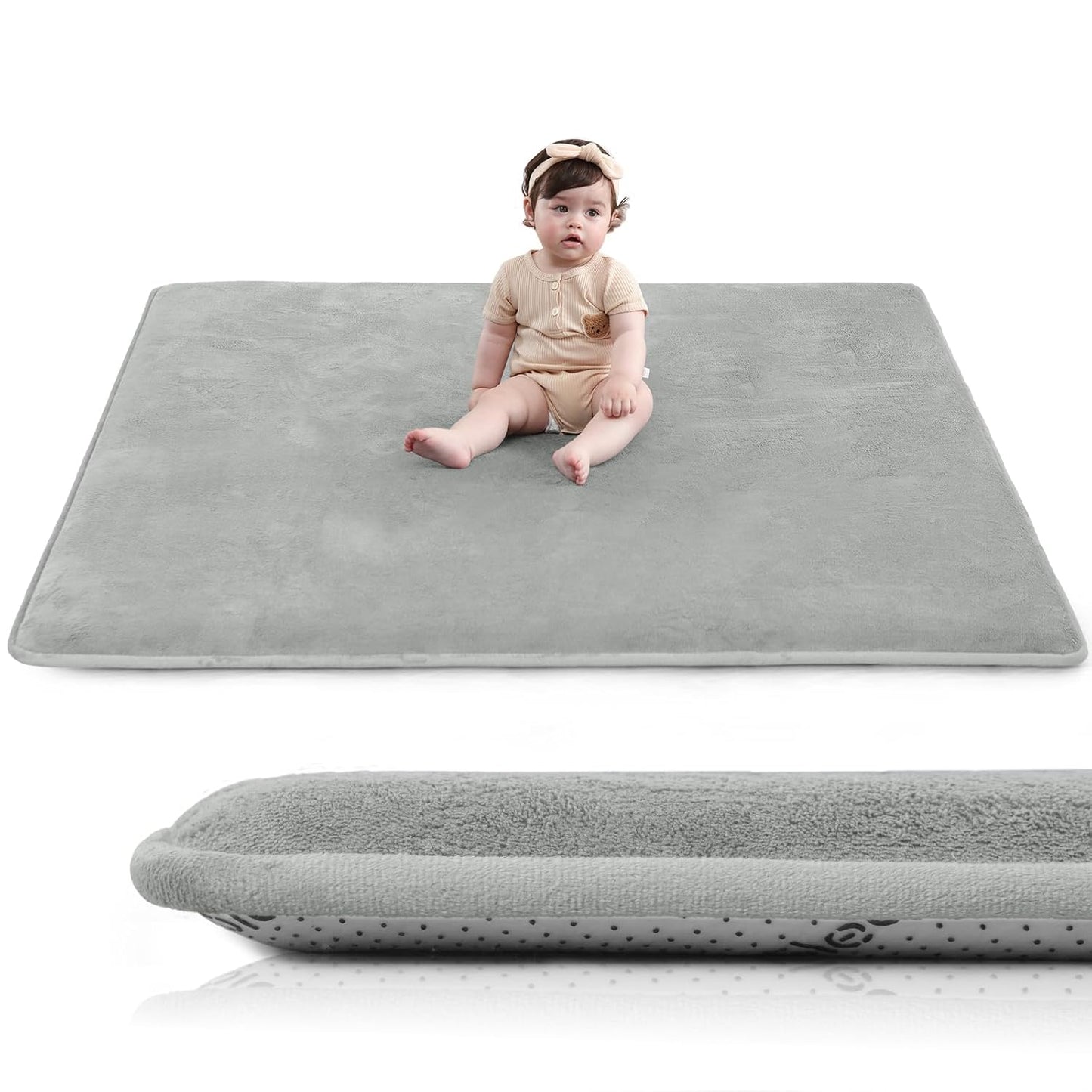 Baby Play Mat for Floor,1.3" Thick Elasti-Foam 50"×50" Playpen Mat for Tummy Time,Water Repellent Soft Coral Velvet for Toddler,Infant,Kids,Non-Slip Backing Safe for Crawling(Light Grey)