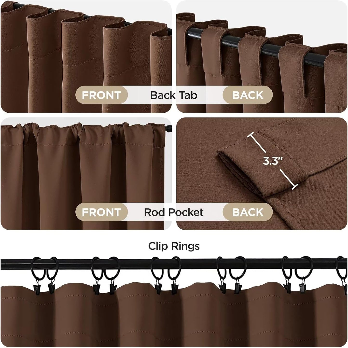 Joydeco 72 Inch Blackout Curtains for Bedroom, Thermal Insulated Black Out Curtains, Room Darkening Drapes for Living Room Window Rod Pocket Back Tab (W52 x L72 Inch, Brown)
