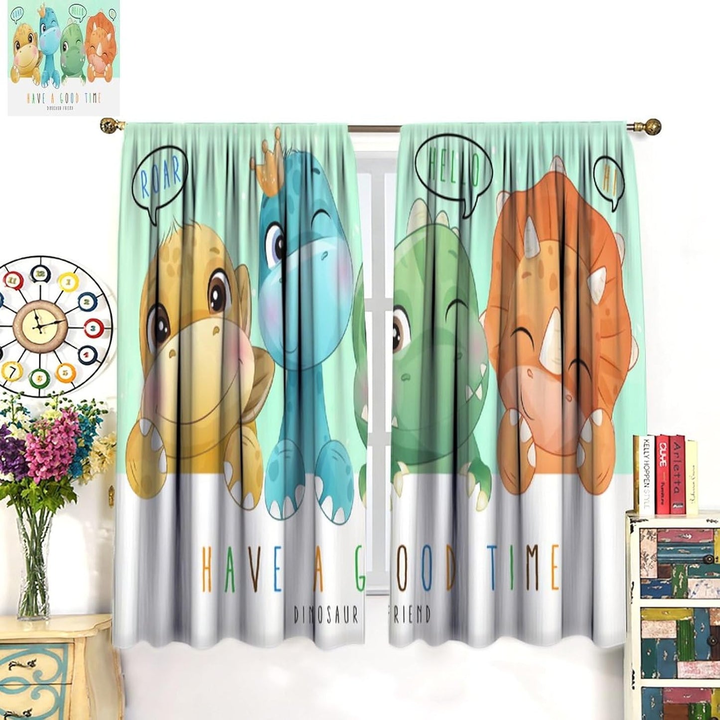 Kids Dinosaur Curtains for Boys Girls Bedroom Decor Cartoon Dino Colorful Cute Funny Animal Printed Blackout Rod Pocket Window Drapes for Baby Nursery Playroom Living Room W21xL45in Decor
