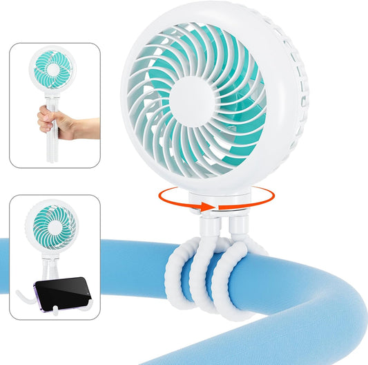 HandFan 4000mAh Battery Operated Stroller Fan Flexible Tripod Clip on Fan with 4 Speeds and Rotatable Max 31Hrs Handheld Personal Fans for Crib Car Seat Bike Treadmill (White)