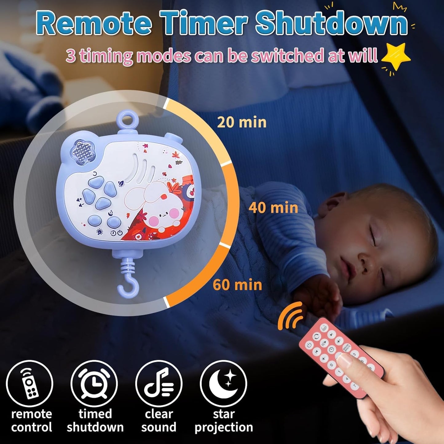 Baby Mobiles for Cribs, Crib Mobile with Music and Lights, Nursery Musical Mobile for Bassinets Hanging Toys with Remote Control, Rotation, Projection, Animal Mobile Arm Clip On for Infant Boys Girls