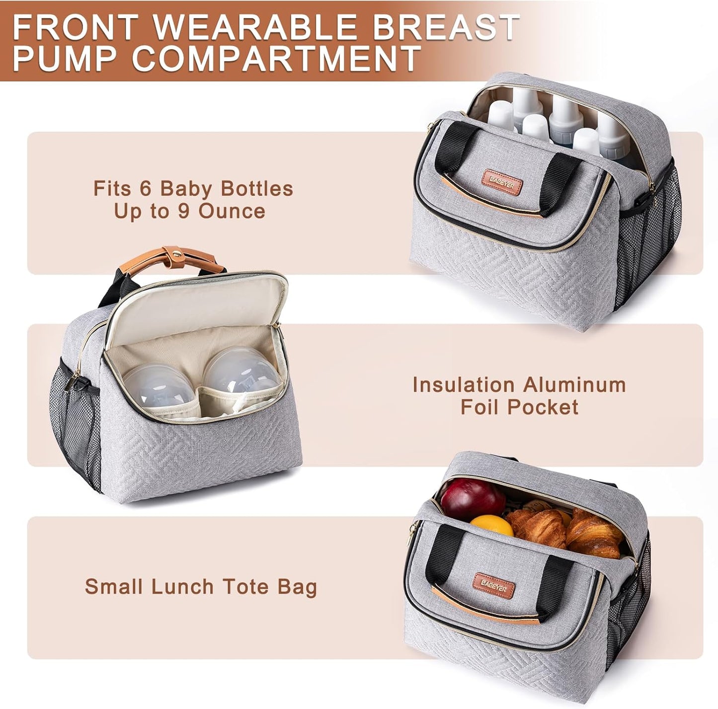 Breastmilk Cooler Bag with Ice Pack Fits 6 Baby Bottles up to 9 Ounce, Wearable Breast Pumps Cooler Bag for Nursing Mom Daycare, Work, Travel- Grey