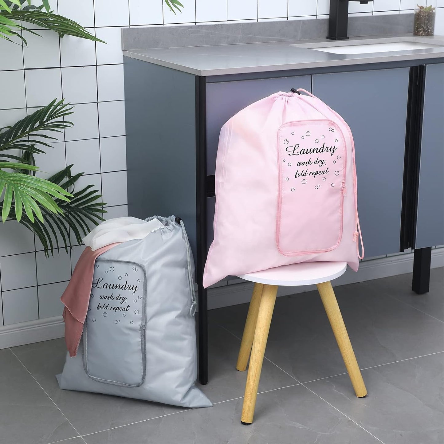 2 Pcs Travel Laundry Bag Washable Dirty Clothes Bag with Drawstring and Zipper for Suitcase, 22 x 18 Inch (Pink, Gray,Bubble)
