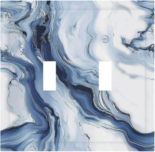 Decorative Switch Plates White Marble Navy Blue Line Fluid 2 Gang Double Toggle Outlet Light Switch Cover Wall Plate Electrical Faceplate For Bathroom Kitchen Decor