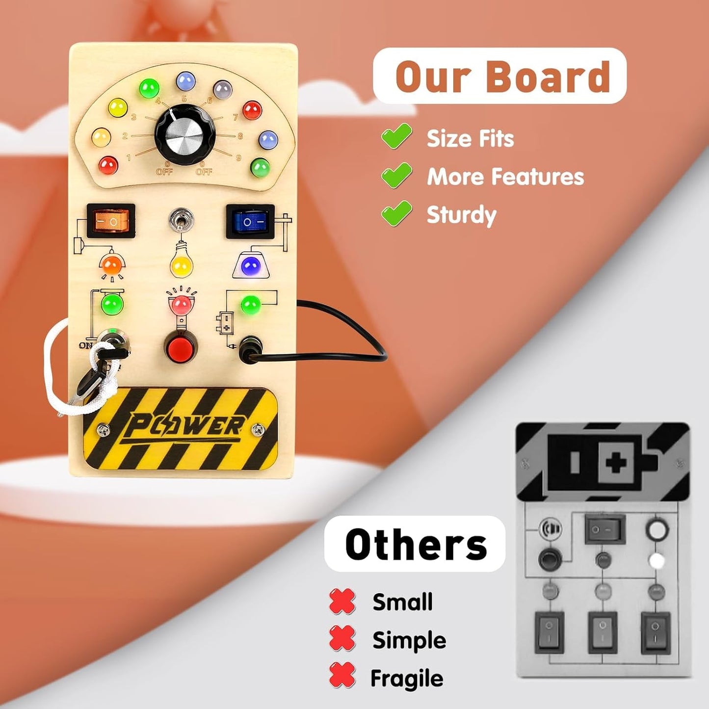 Joyreal Toddler Busy Board, Wooden Montessori Busy Board Sensory Board with LED Light Switch, Sensory Toys Baby Fidget Board Travel Toys for Toddler