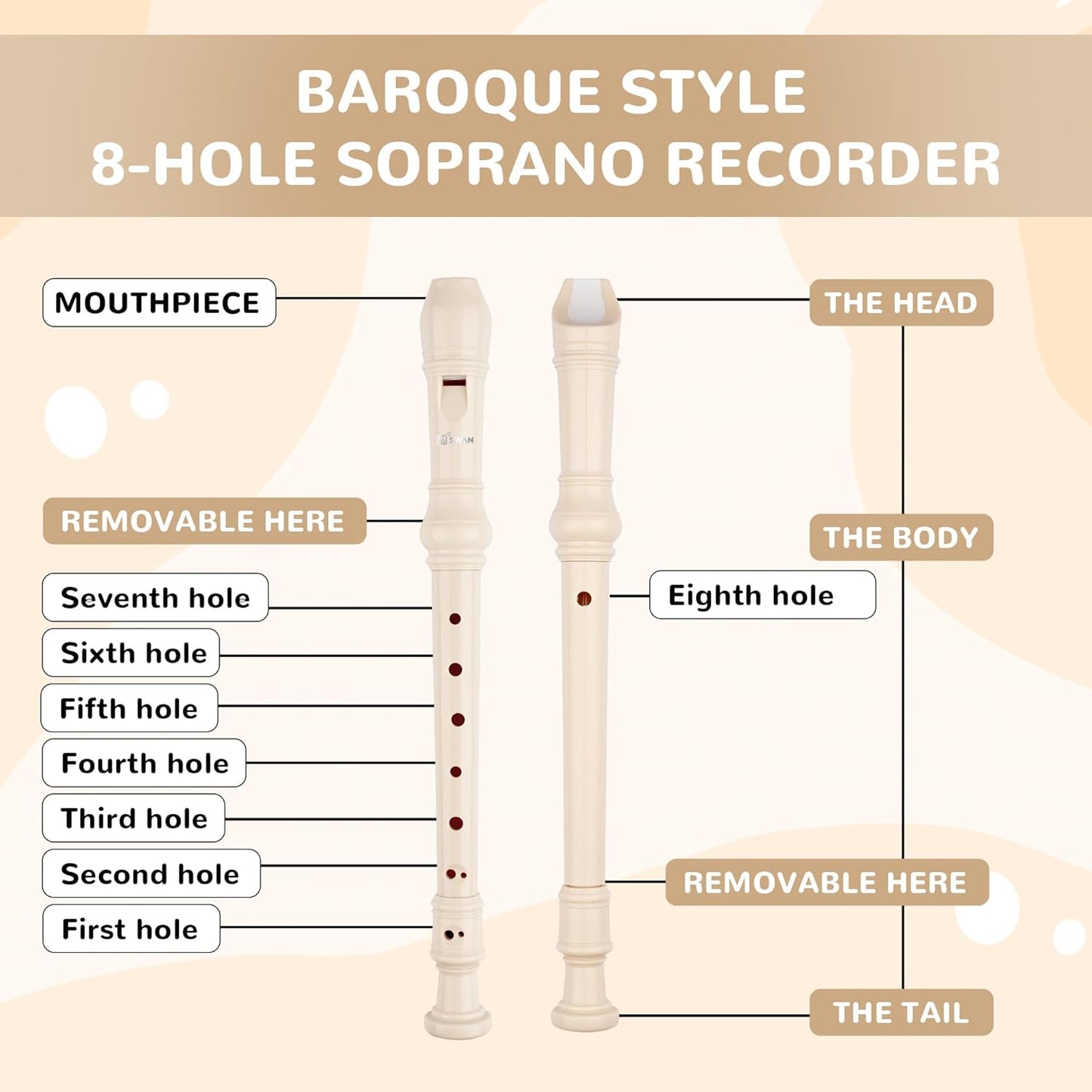 SWAN Soprano Recorder Instrument for Beginners Student - Baroque Style 8 Hole Flute Detachable 3pcs Descant Recorder with Cleaning Rod and Fingering Chart for Kids over 6 Years Old, Beige