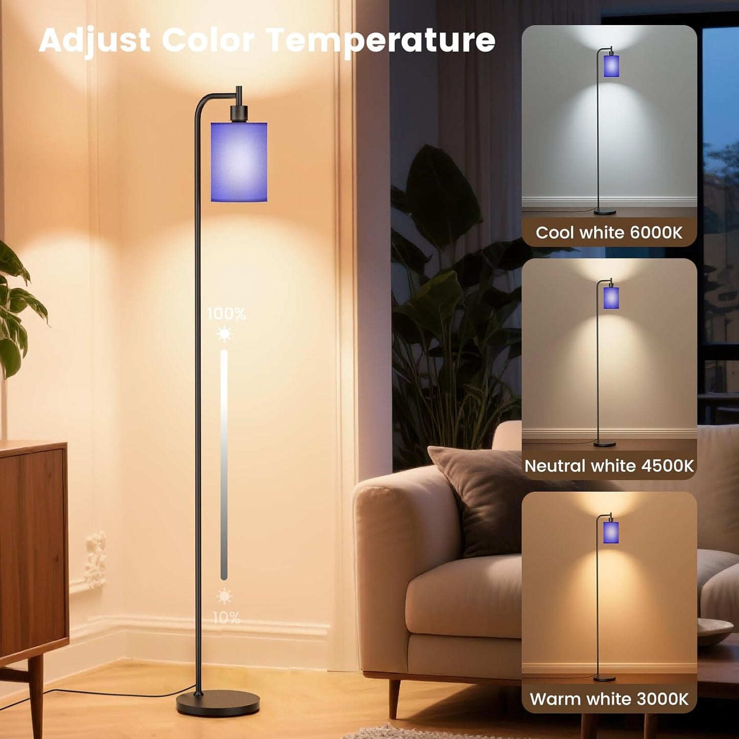 Floor Lamp with Linen Shade, Dimmable Tall Standing Lamp with Remote Control & 3 Color Temperatures, Modern Floor Lamps for Living Room Bedroom Office Corner, 9W LED Bulb Included