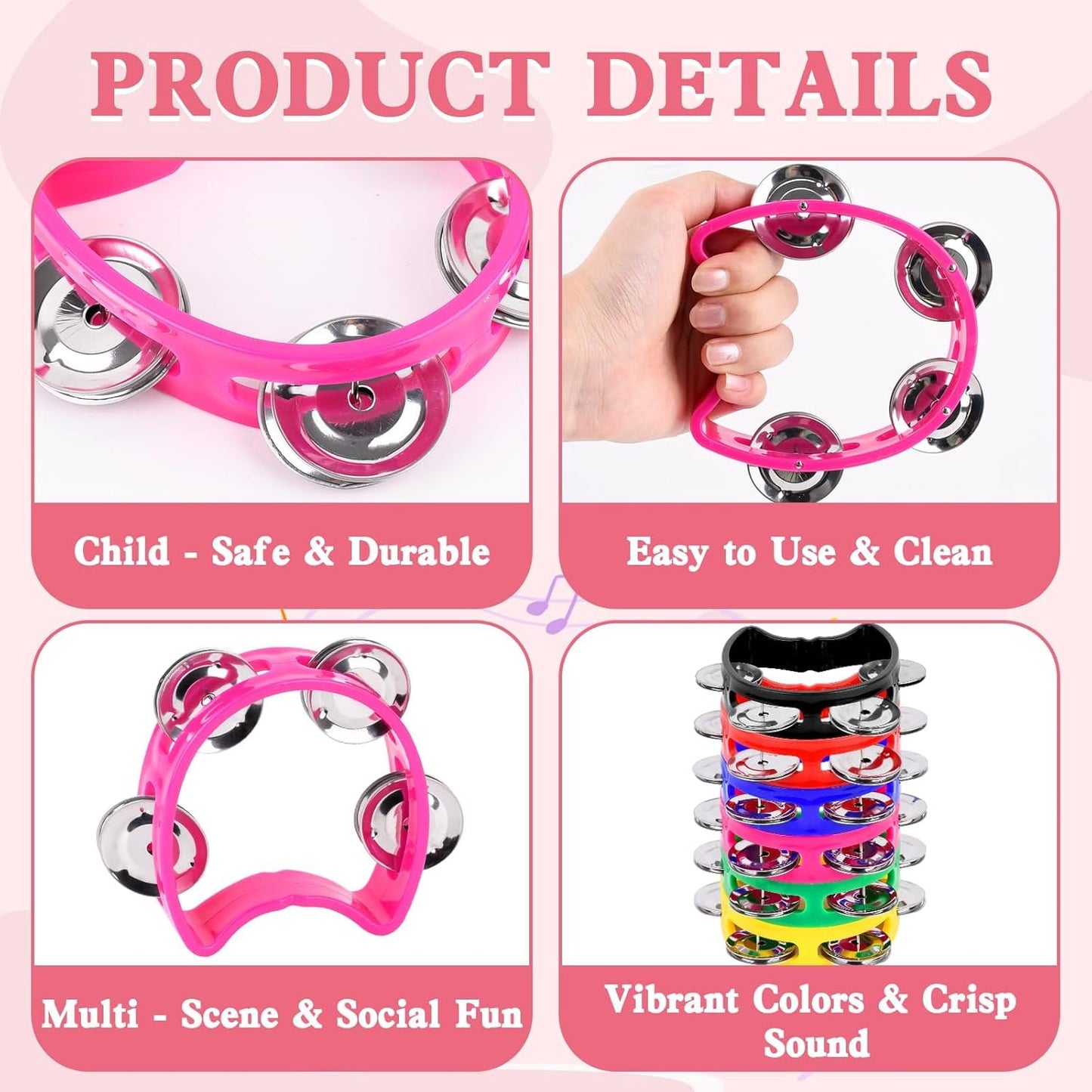 24 PCS Multicolored Tambourines for Kids - 4 Bells Handheld Musical Instruments and Noise Makers Perfect for School Supplies Church Kindergarten Weddings Christmas Parties and Group Performances