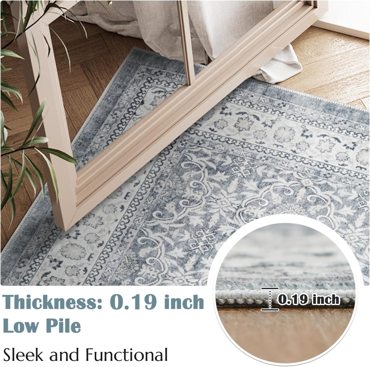 jinchan Runner Rug 2x6 - Machine Washable Grey Vintage Floral Distressed Design Soft Non-Slip Low-Pile Ultra-Thin Runner Rug for Kitchen Hallway Laundry Room Entryway Farmhouse (2‘x6',Grey)