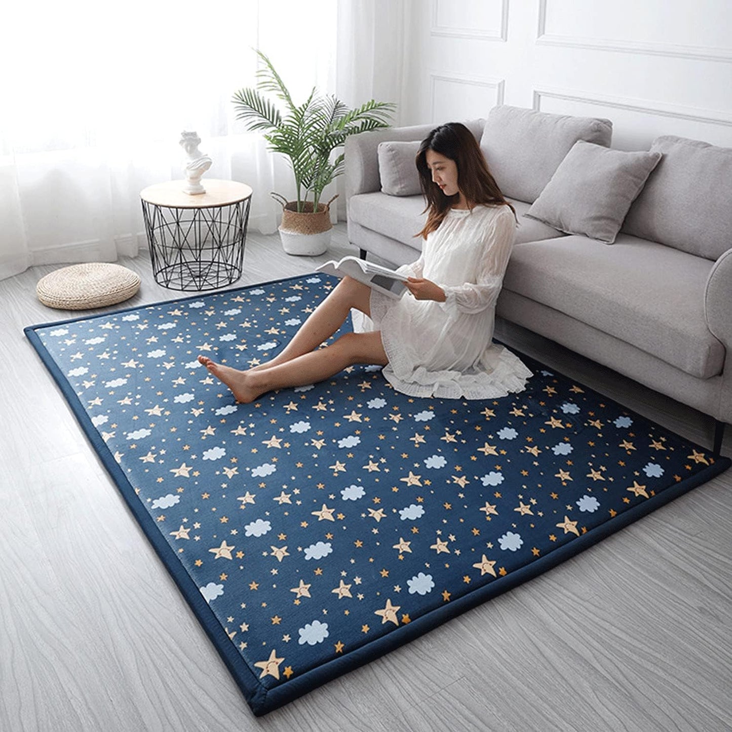 Loartee Coral Velvet Area Rug - 1" Thick Memory Foam Baby Play Mat, Washable Toddler Carpet, Home Decor for Living Room, Nursery, Kids Bedroom, Starry Blue, 6'7"x6'7"