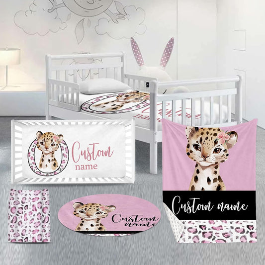 Custom Nursery Crib Bedding Set: Personalized Name 4 Piece Pink Leopard Elephant Design Baby Crib Sets for Girls - Toddler Double Layer Blanket Set, Comfortable Crib Bed Sheets for Baby Toddlers