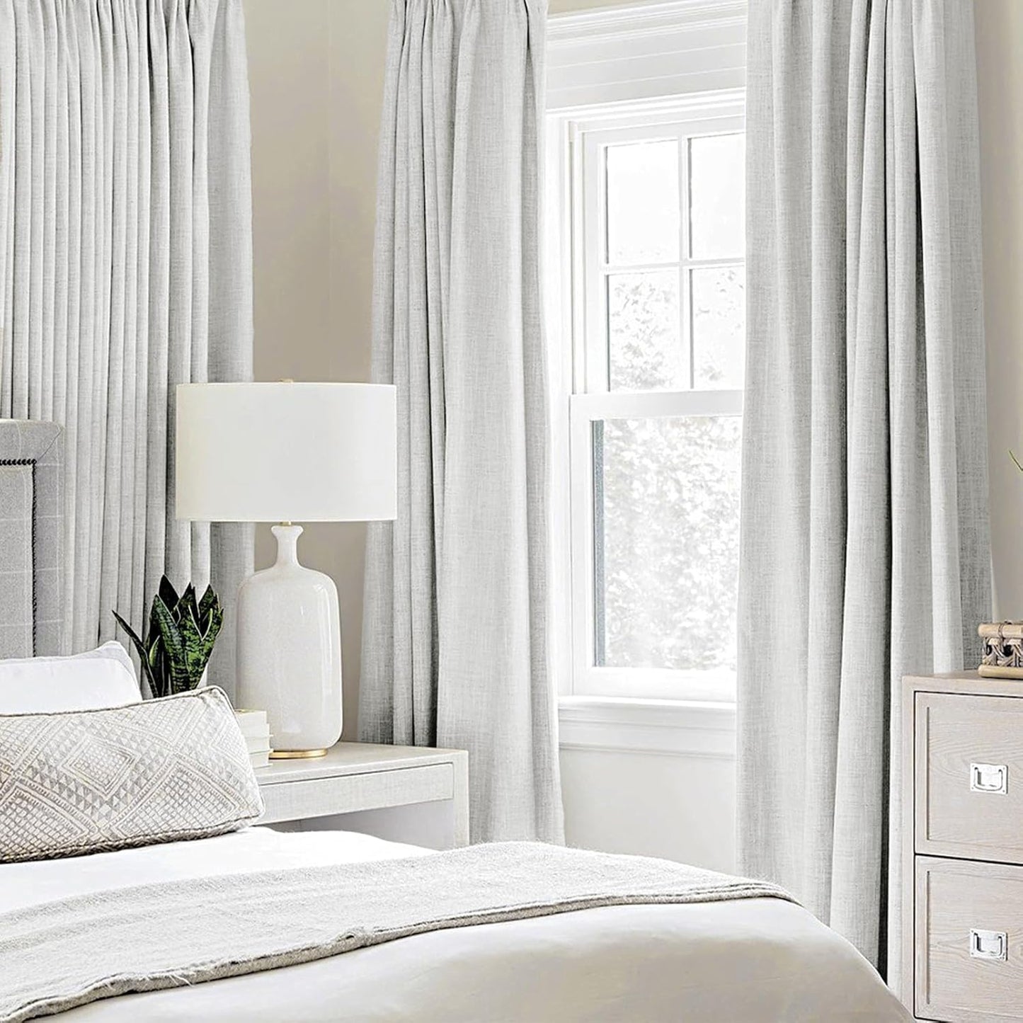 MIULEE Linen Textured Curtains for Bedroom Solid 100% Blackout Thermal Insulated Heathered White Grommet Room Darkening Curtains & Drapes Luxury Decor for Living Room Nursery 52 x 45 Inch (2 Panels)