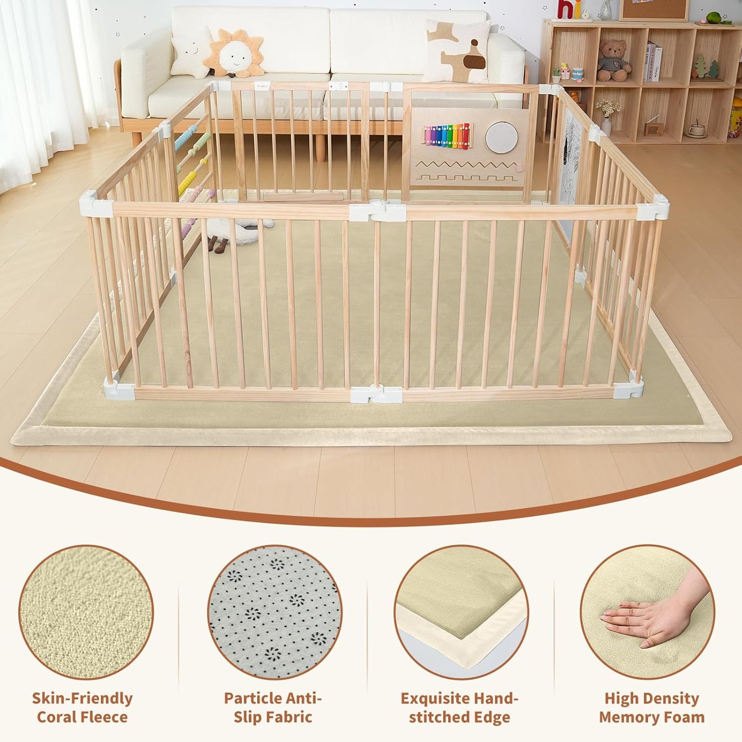 SUNYRISY Baby Play Mat for Floor 80 x 80in, 1.4in Thick Memory Foam Padded Play Mats Baby Rug, Soft Velvet Infants Toddler Kids Crawling Mat for Nursery, Non-Slip Bottom, Beige