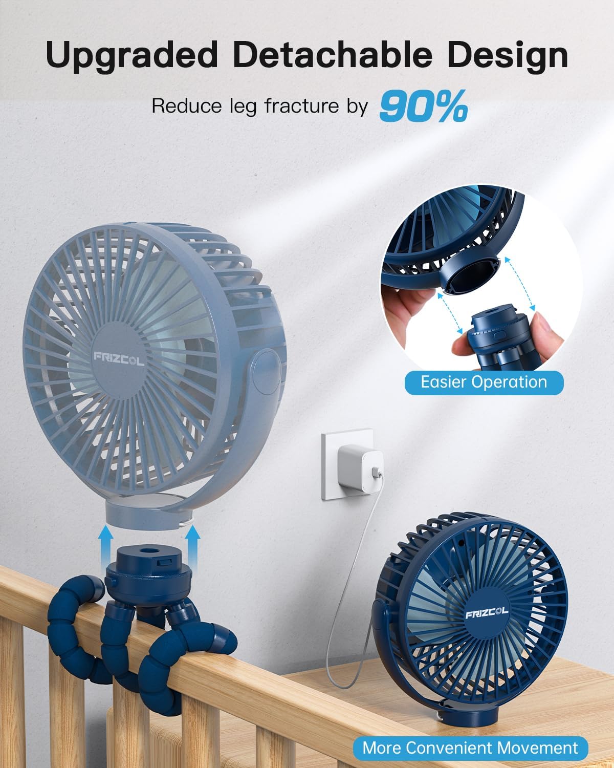 FRIZCOL 12000mAh Portable Stroller Fan, Use As Power Bank, 65H Battery Operated Fan Flexible Tripod Clip On Fans, Detachable Personal Handheld Baby Fans for Stroller, Car seat, Desk, Treadmill (Blue)