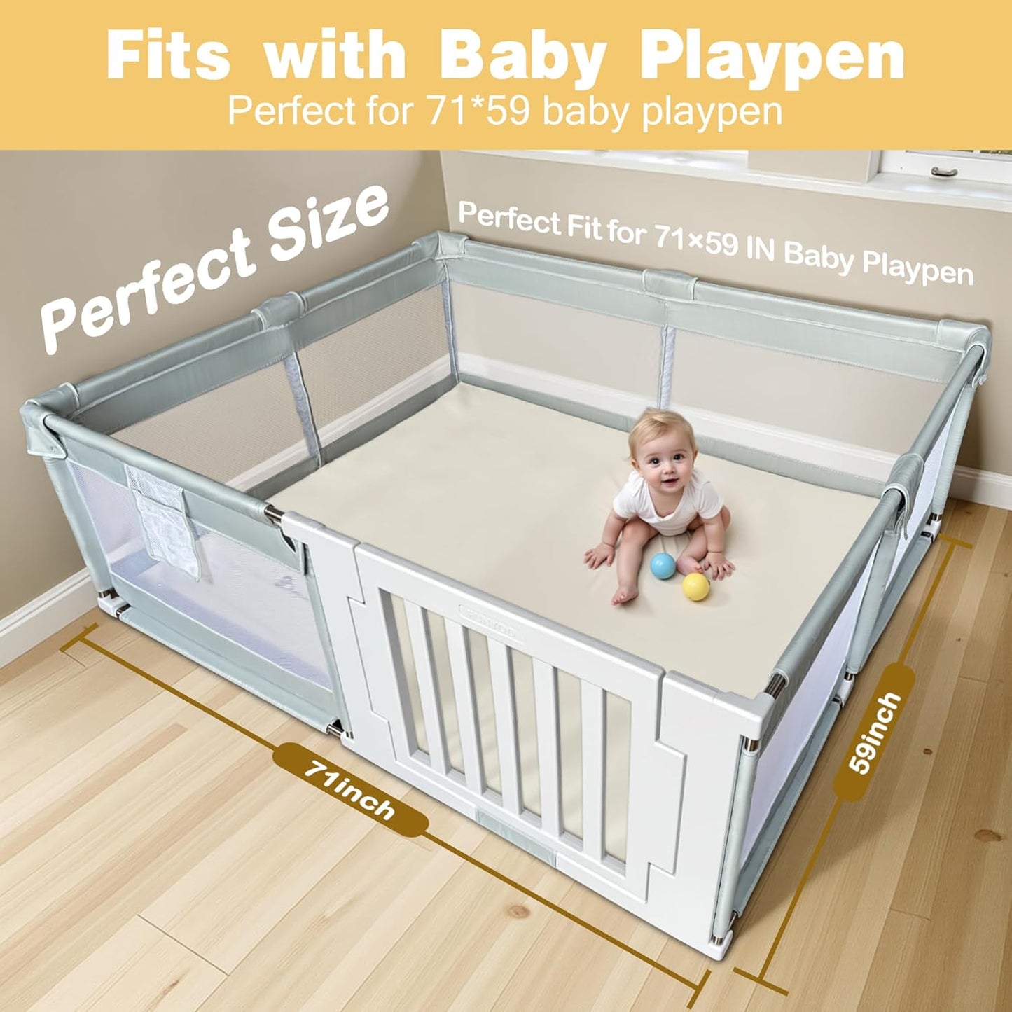 Padded 71" ×59" Large Baby Play Mat for Floor, 1.3" Thick Foam Mat with Soft Vegan Leather, Baby Tummy Time Playmat for Safe Play Area, Non-Slip Bottom, Fits 71" x59" Playpens