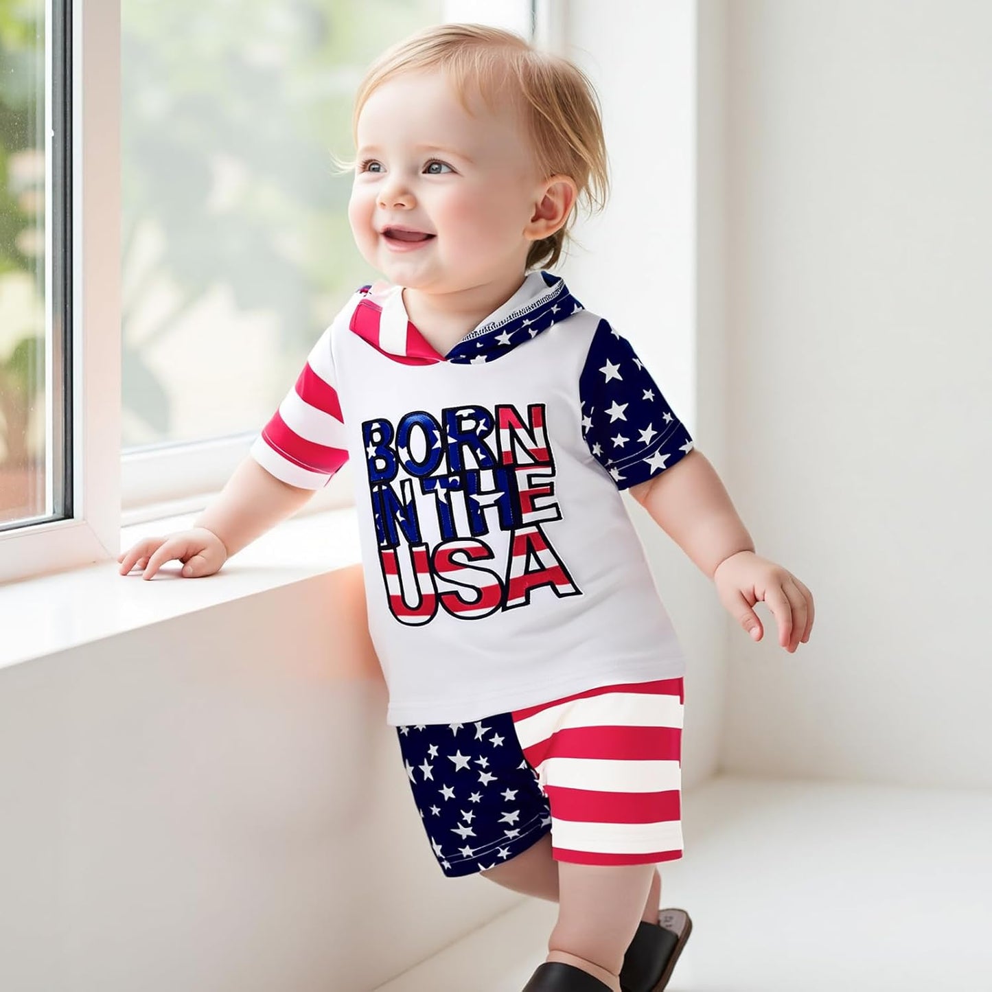 Toddler Baby Boy Summer Hooded Outfit Contrast Color Short Sleeve T Shirt Top Elastic Shorts Summer Clothes Set