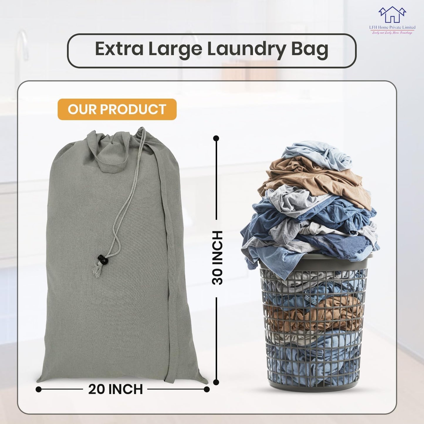 LFH Home Cotton Canvas Large Laundry Bag with Handle, Heavy Duty Drawstring Closure Washable Laundry Bags, School Travel, Home, Hotel, College Dorm, Organizer Sack, Toys Clothes 20x30-Grey