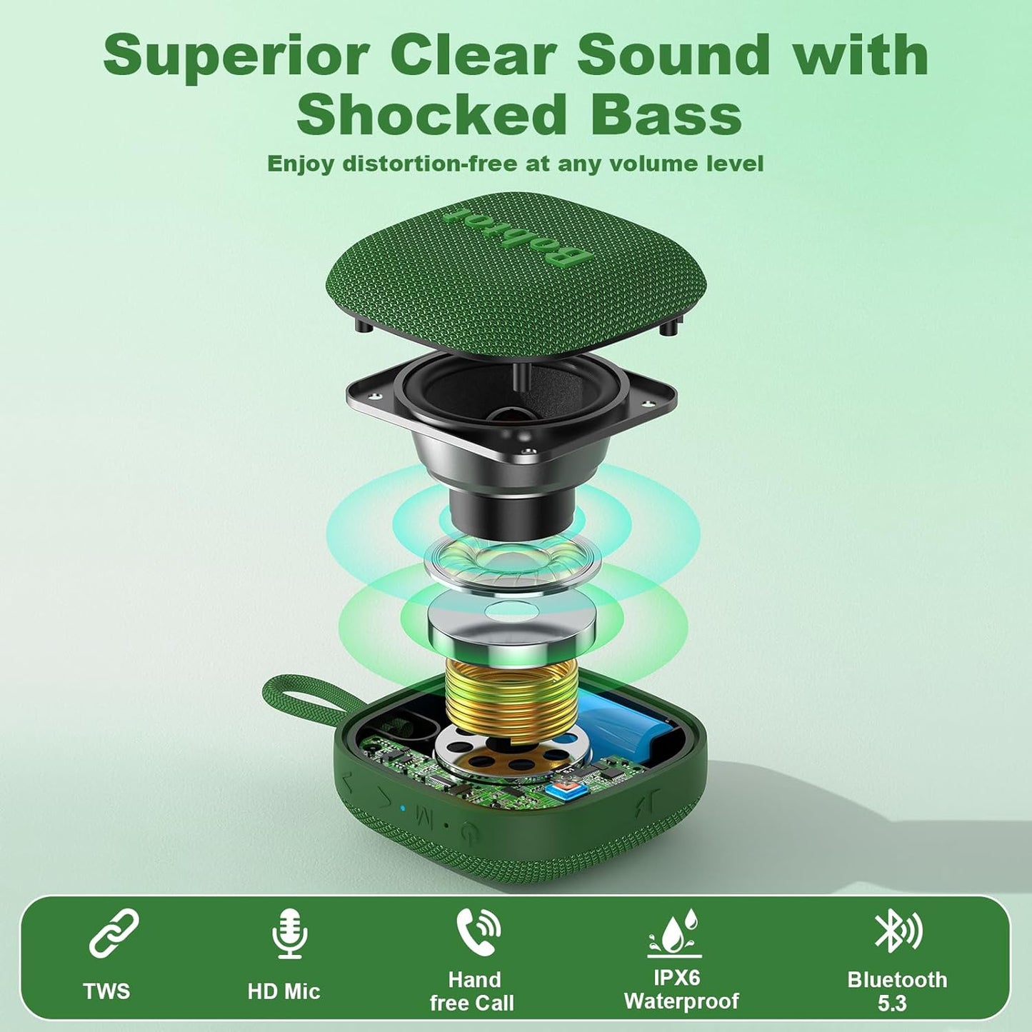 Bobtot Portable Bluetooth Speakers Wireless - IPX7 Waterproof Mini Shower Speaker with 16 Hours Playtime, Loud Stereo Sound, Rich Bass, TWS, Built-in Mic, Small Size for Travel Sport, Green