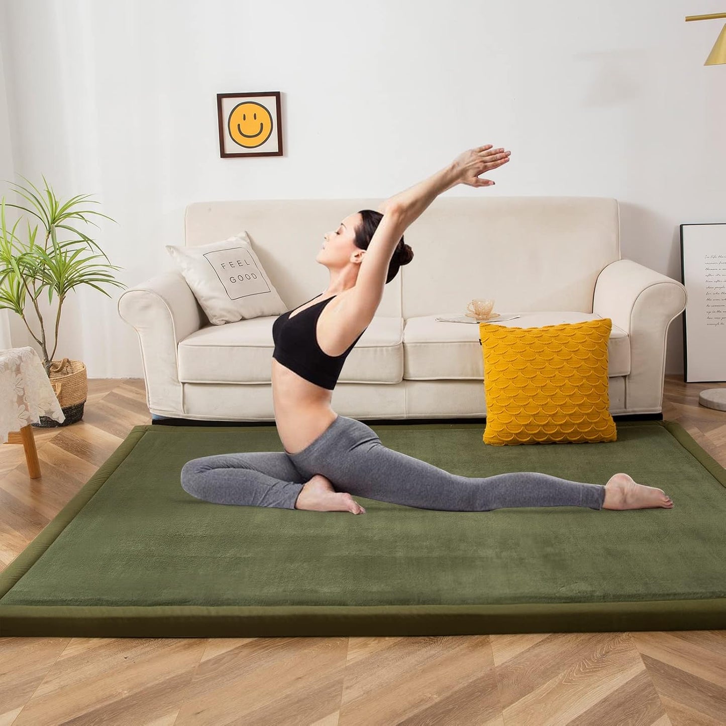 MAXYOYO Coral Velvet Area Rug, Thick Japanese Tatami Mat Living Room Carpet with Non-Slip Backing, Large Solid Color Mat for Bedroom Dormitory Yoga, Olive Green, 78 by 158 inch