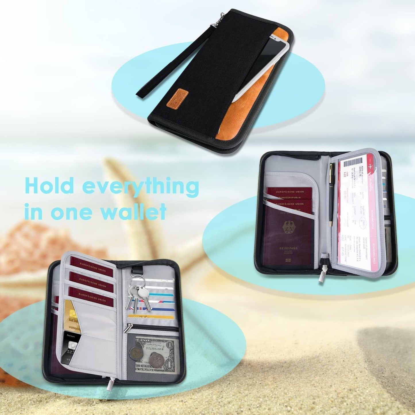 Real Leather Wallet RFID Family Passport Holder Waterproof Travel Essentials (Black)