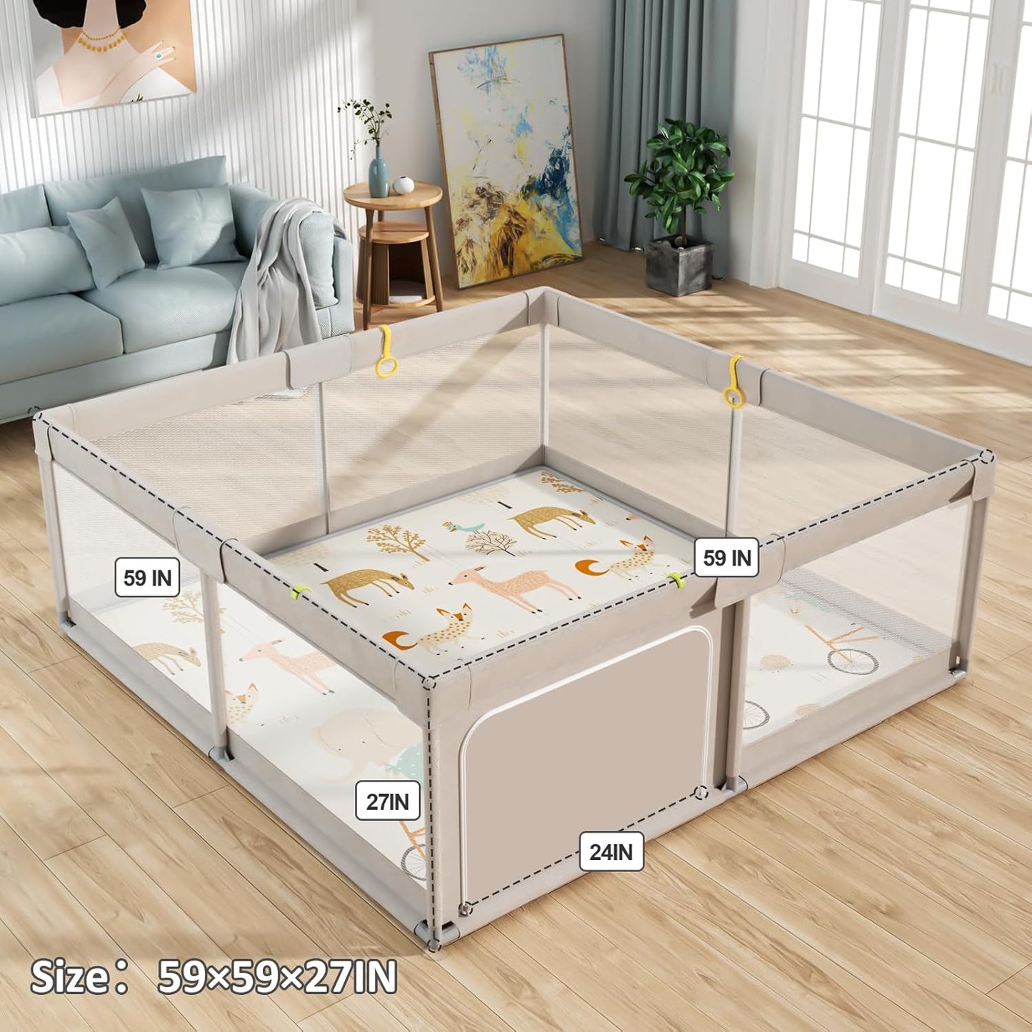 Mloong Baby Playpen with Mat, 59x59 Inches Extra Large Playpen for Babies and Toddlers, Indoor & Outdoor Activity Center, Safety Baby Fence