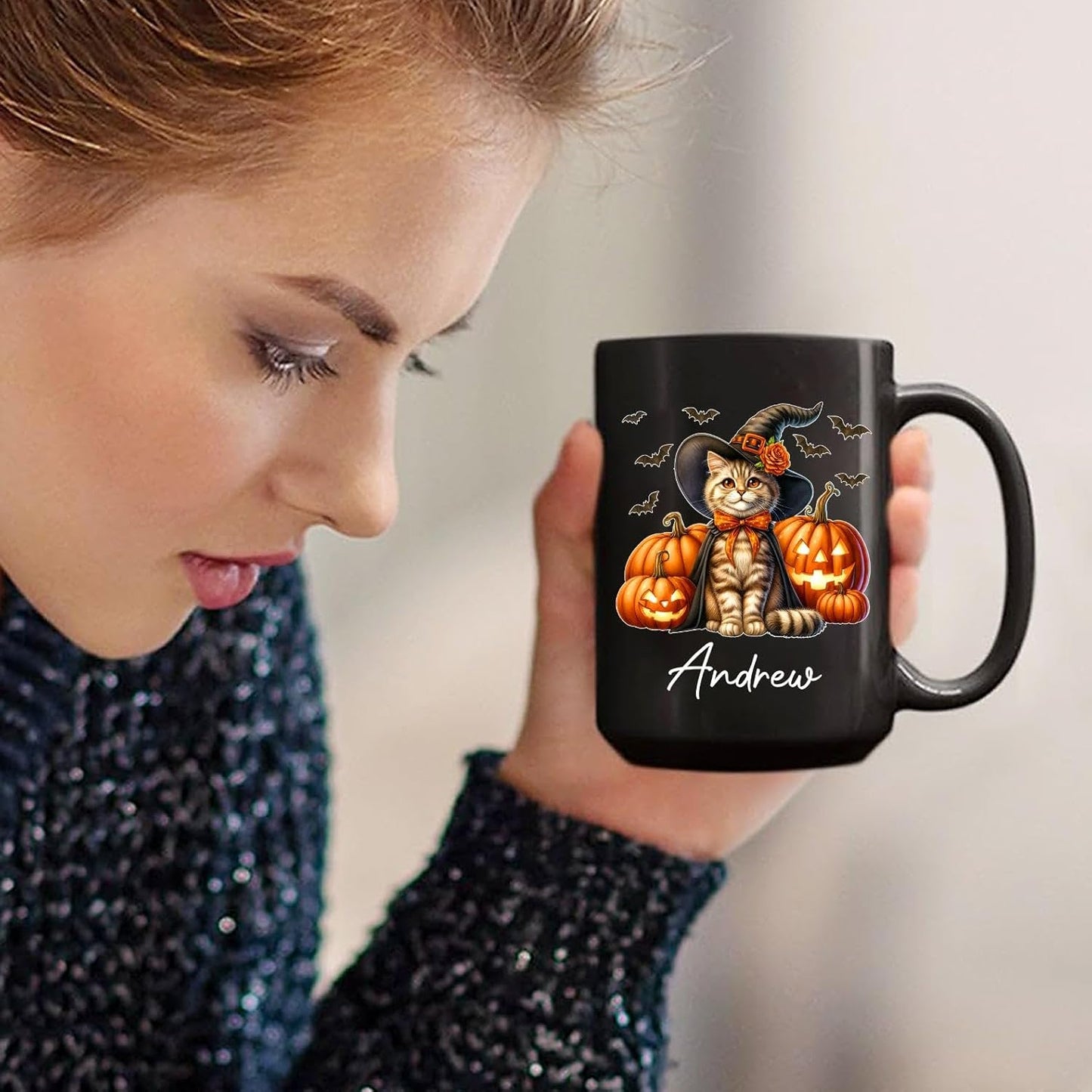 Personalized American Bobtail with Pumpkins Coffee Cup, American Bobtail Wearing Witch Hat Mug, Custom Name Halloween Cat Ceramic Mugs, Pet Black Cup 11oz 15oz, Gift for Cat Lover Pet Owner