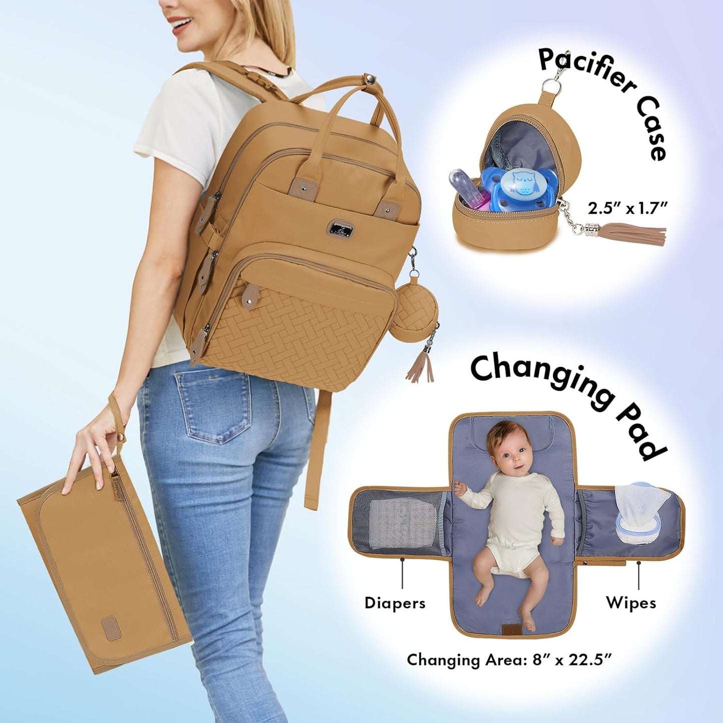 Dikaslon Diaper Bag Backpack with Portable Changing Pad, Pacifier Case and Stroller Straps, Large Unisex Baby Bags for Boys Girls, Multipurpose Travel Back Pack for Moms Dads, Tan