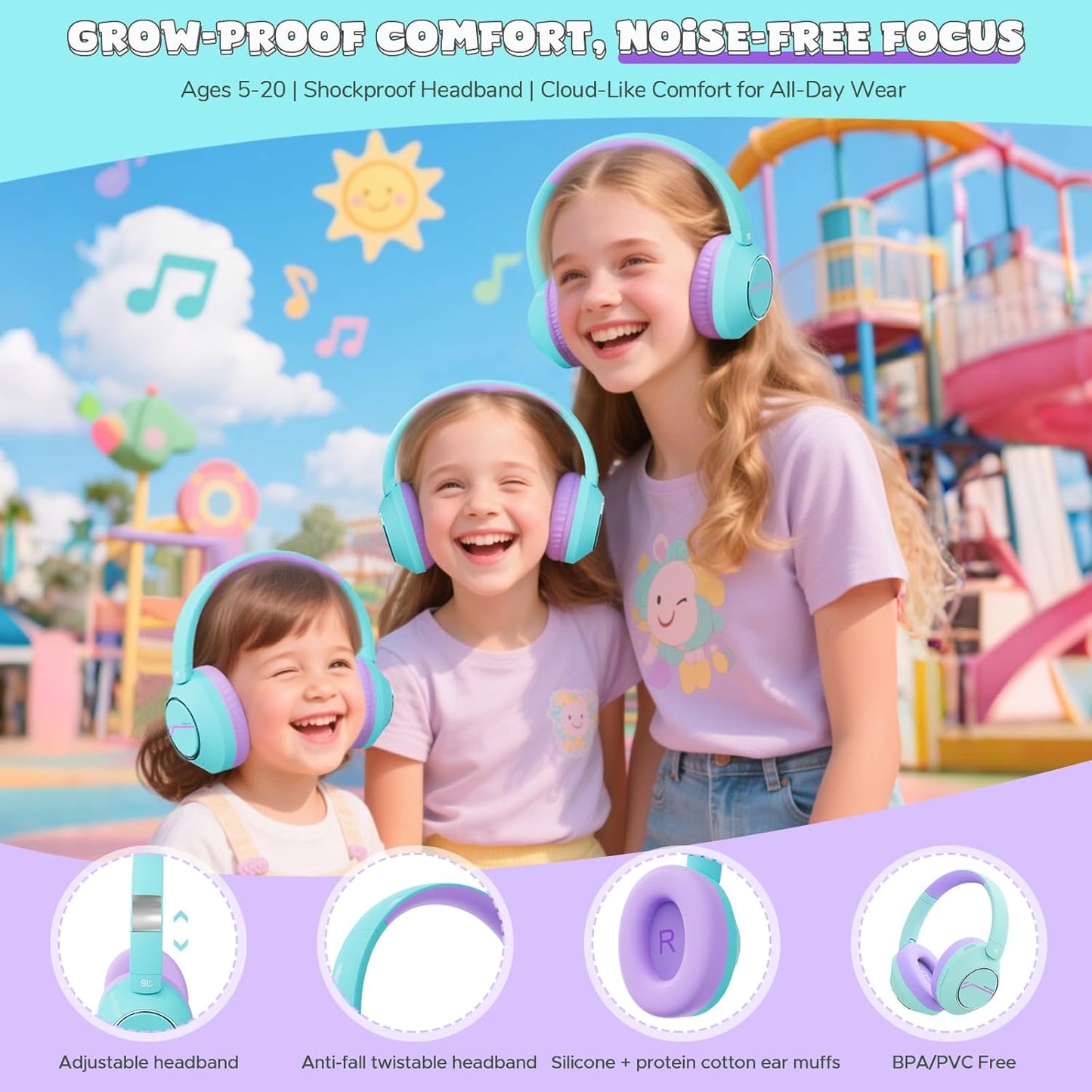 Nova1Pro Active Noise Cancelling Headphones for Kids, 3-Level Safe Volume 75/85/94dB, ANC Safe Wireless Listen, Type C Fast Charging, Bluetooth 5.4 with Mic, boy Girl for School, Travel & Airplane